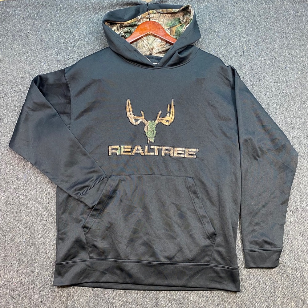 Buckhorn River Realtree Hoodie Sz M Mens Black Gorpcore Camo Deer Skull Graphic